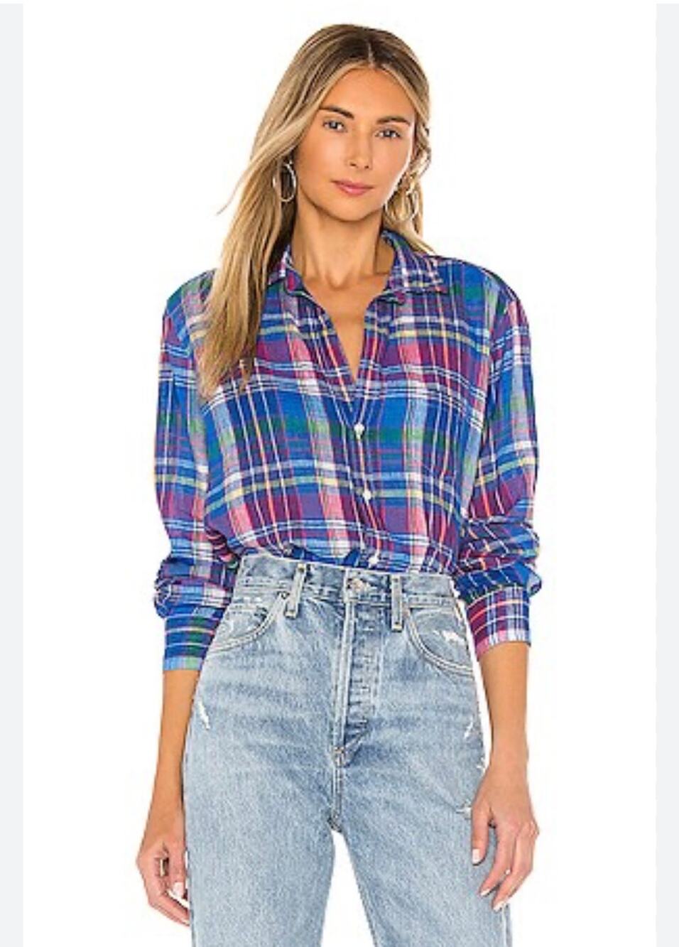 FRANK & EILEEN Madras Plaid Linen Shirt - Blue Green - Small